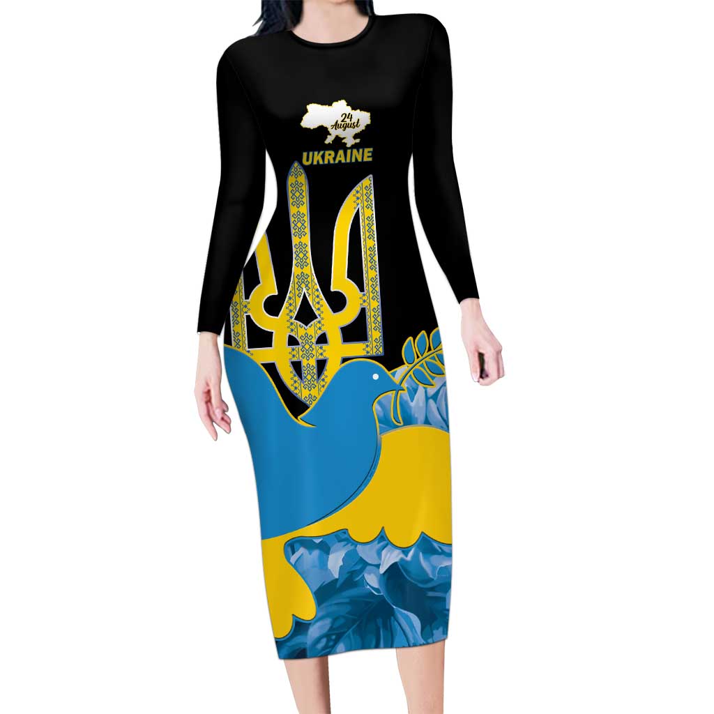 Ukraine Independence Day Long Sleeve Bodycon Dress Slava Ukraini Ukrainian Trident With Sunflowers - Wonder Print Shop