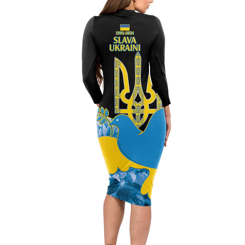 Ukraine Independence Day Long Sleeve Bodycon Dress Slava Ukraini Ukrainian Trident With Sunflowers - Wonder Print Shop