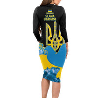 Ukraine Independence Day Long Sleeve Bodycon Dress Slava Ukraini Ukrainian Trident With Sunflowers - Wonder Print Shop