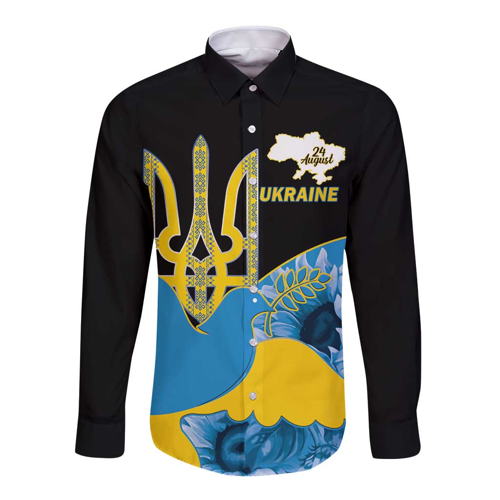 Ukraine Independence Day Long Sleeve Button Shirt Slava Ukraini Ukrainian Trident With Sunflowers - Wonder Print Shop