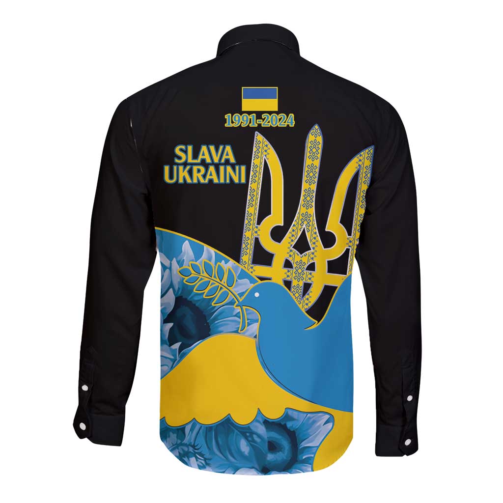 Ukraine Independence Day Long Sleeve Button Shirt Slava Ukraini Ukrainian Trident With Sunflowers - Wonder Print Shop
