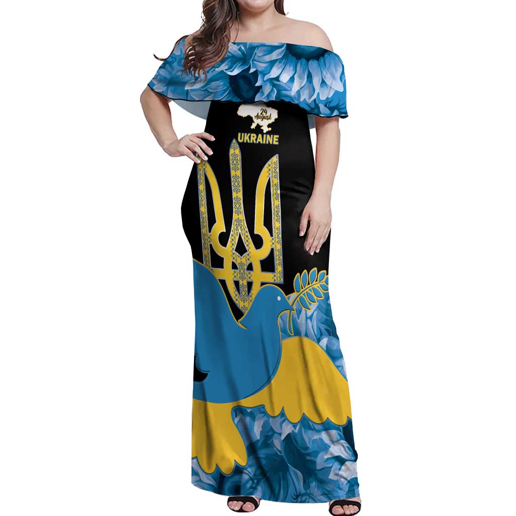 Ukraine Independence Day Off Shoulder Maxi Dress Slava Ukraini Ukrainian Trident With Sunflowers - Wonder Print Shop