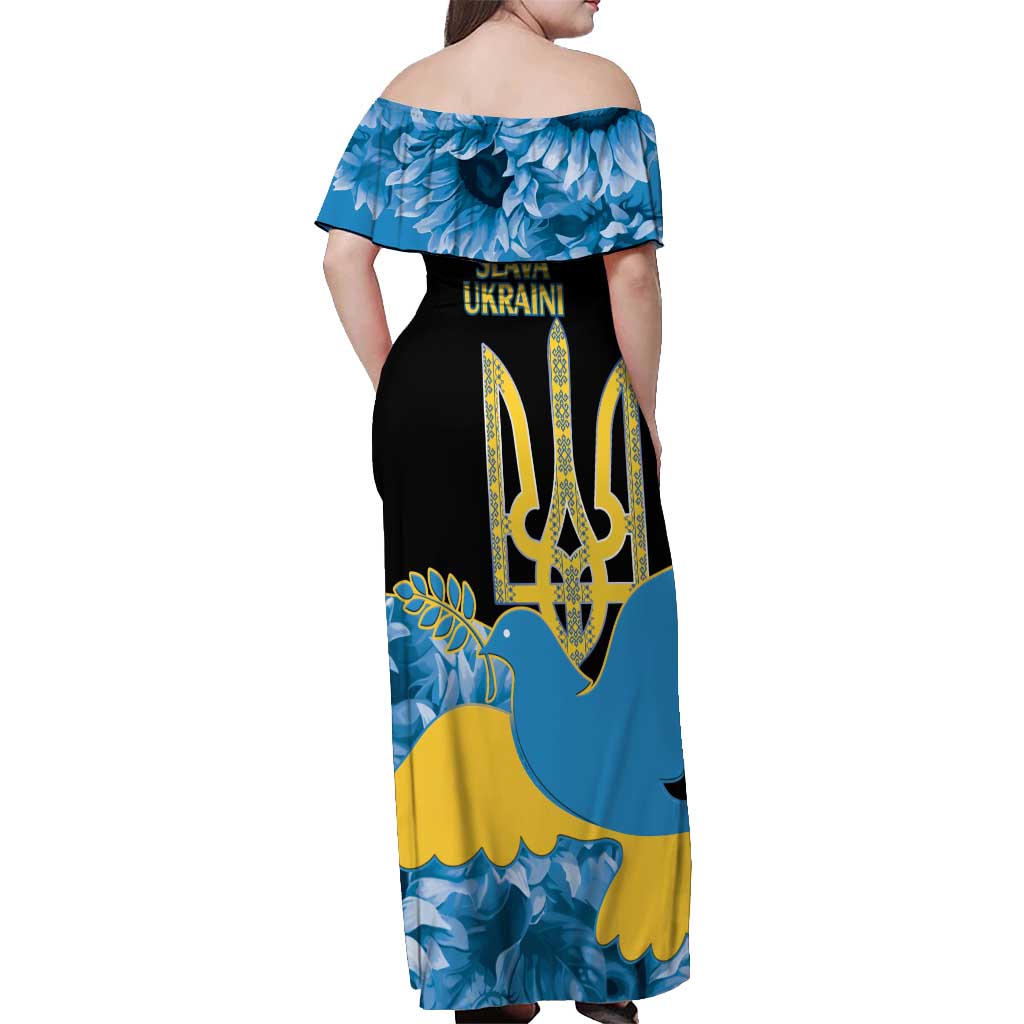 Ukraine Independence Day Off Shoulder Maxi Dress Slava Ukraini Ukrainian Trident With Sunflowers - Wonder Print Shop