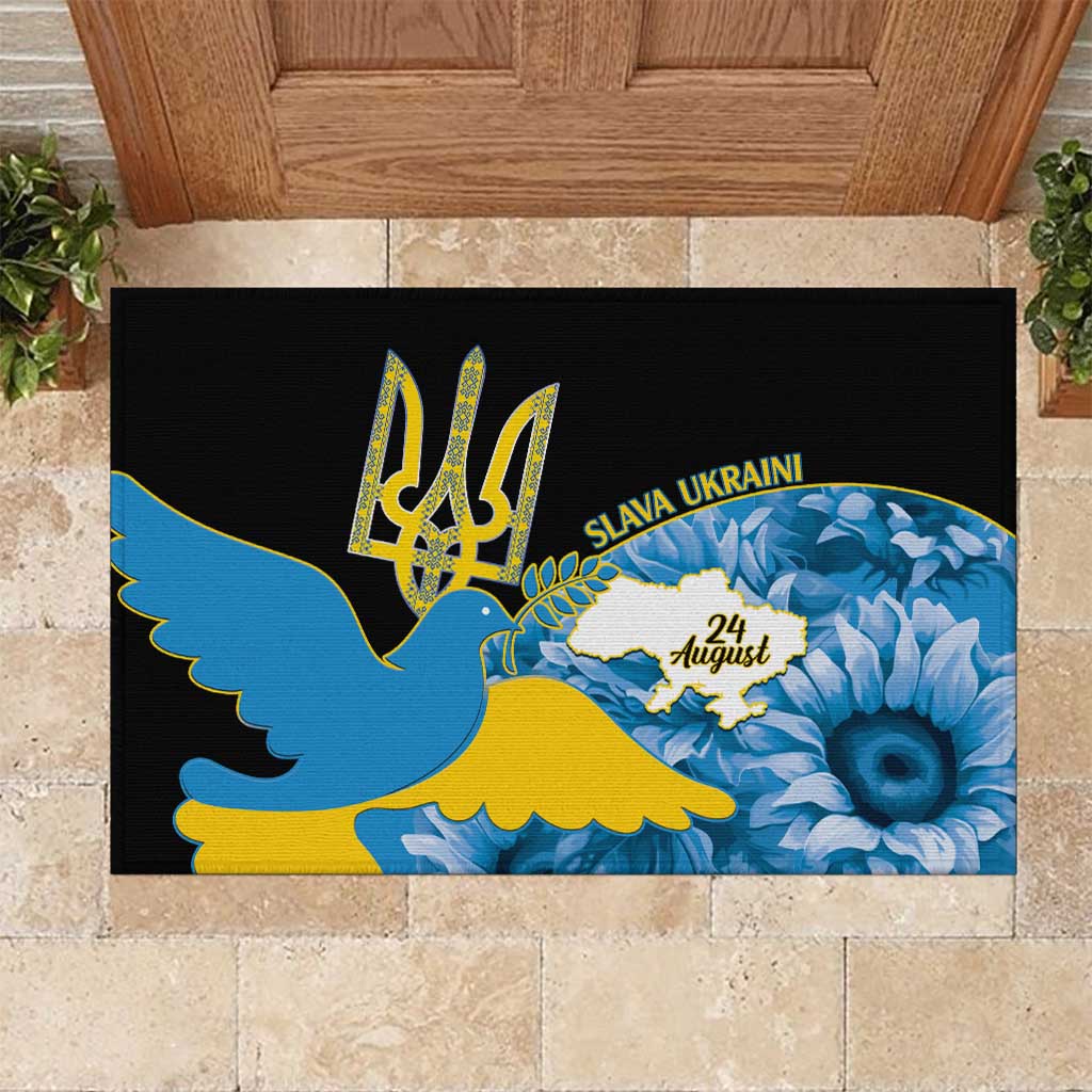 Ukraine Independence Day Rubber Doormat Slava Ukraini Ukrainian Trident With Sunflowers - Wonder Print Shop
