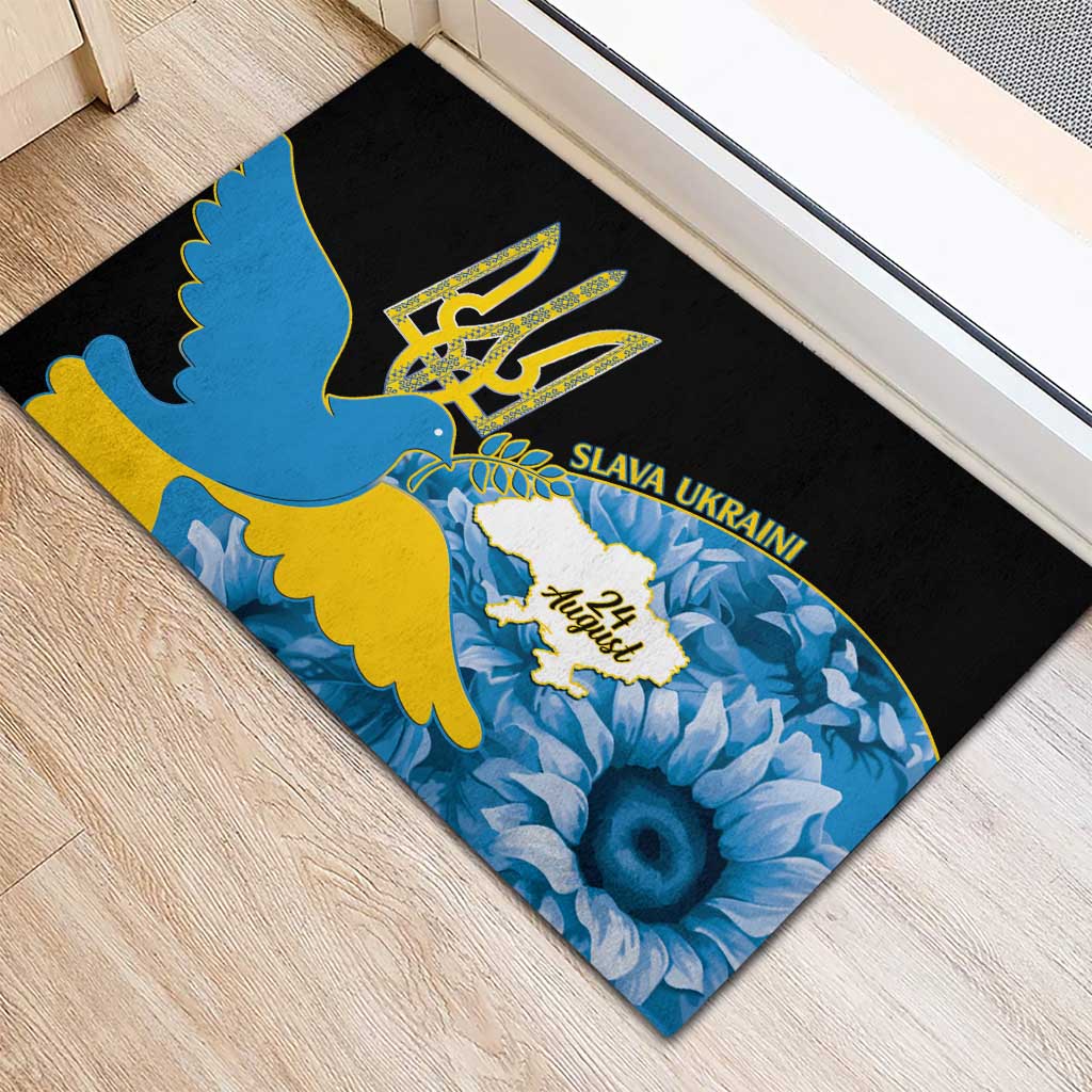 Ukraine Independence Day Rubber Doormat Slava Ukraini Ukrainian Trident With Sunflowers - Wonder Print Shop
