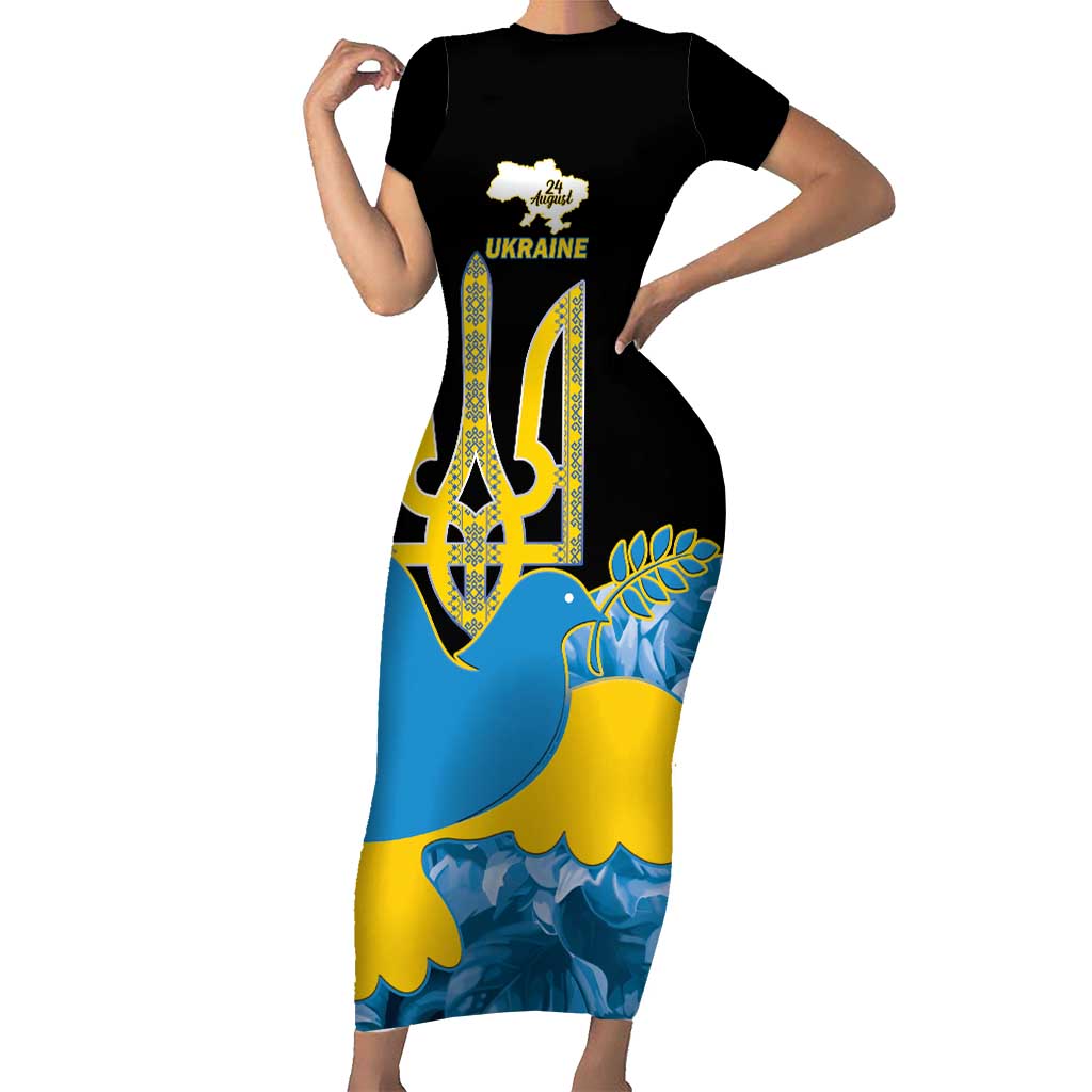 Ukraine Independence Day Short Sleeve Bodycon Dress Slava Ukraini Ukrainian Trident With Sunflowers - Wonder Print Shop