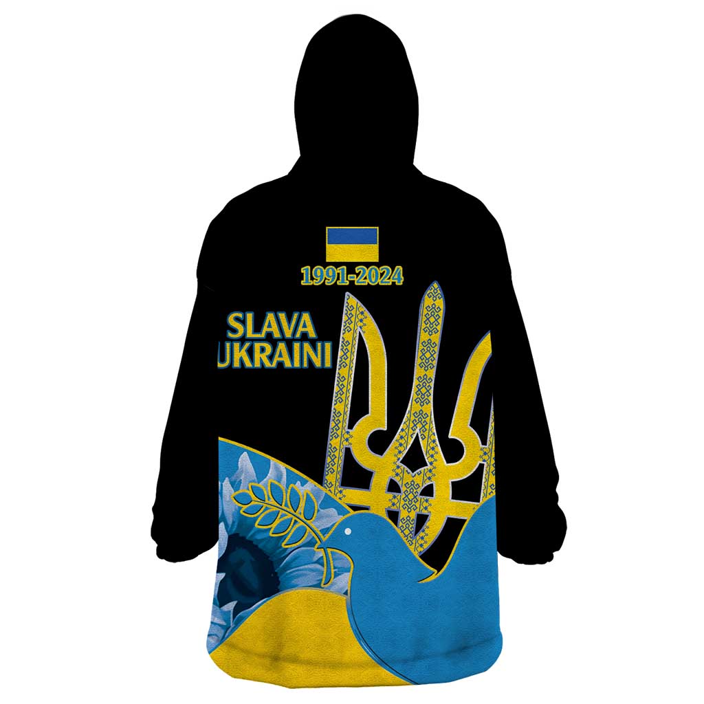 Ukraine Independence Day Wearable Blanket Hoodie Slava Ukraini Ukrainian Trident With Sunflowers - Wonder Print Shop