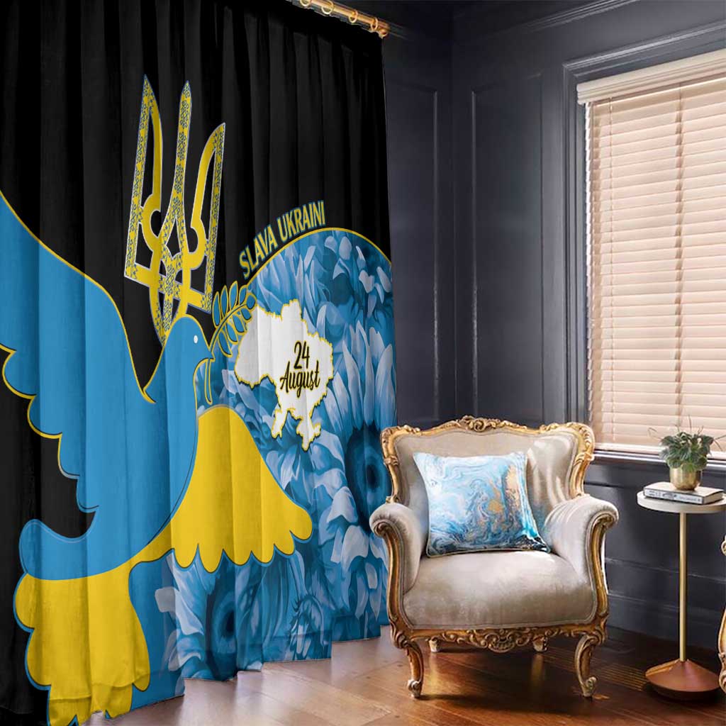 Ukraine Independence Day Window Curtain Slava Ukraini Ukrainian Trident With Sunflowers - Wonder Print Shop
