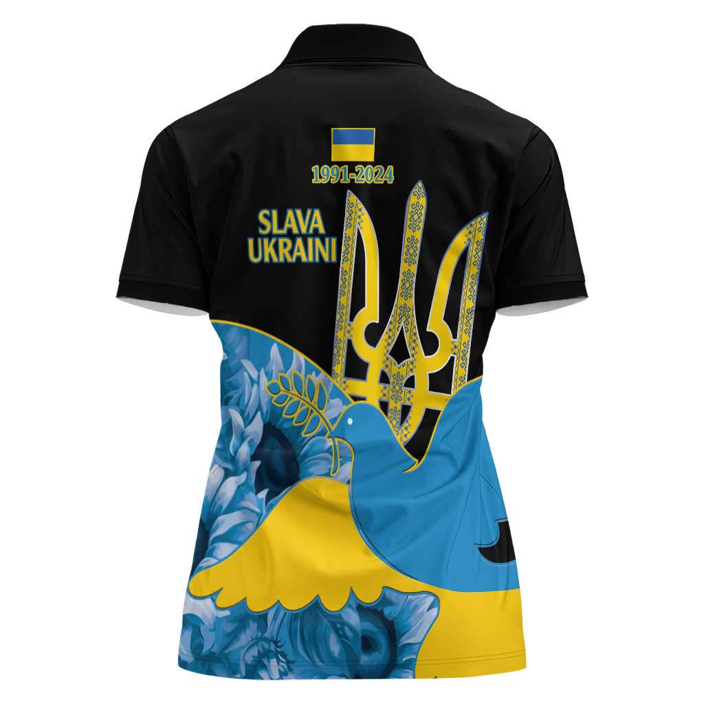 Ukraine Independence Day Women Polo Shirt Slava Ukraini Ukrainian Trident With Sunflowers - Wonder Print Shop