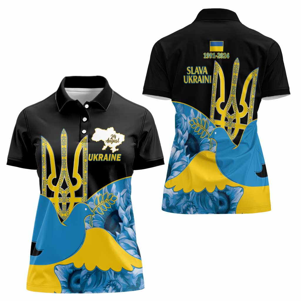 Ukraine Independence Day Women Polo Shirt Slava Ukraini Ukrainian Trident With Sunflowers - Wonder Print Shop
