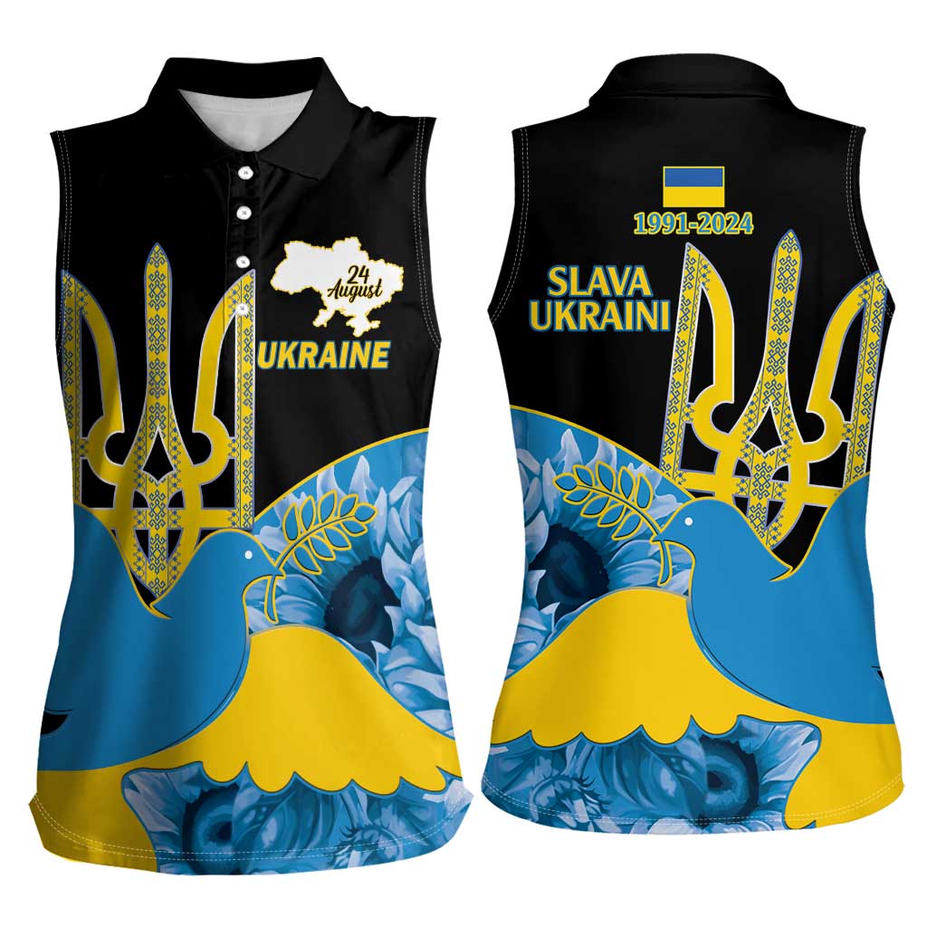 Ukraine Independence Day Women Sleeveless Polo Shirt Slava Ukraini Ukrainian Trident With Sunflowers - Wonder Print Shop