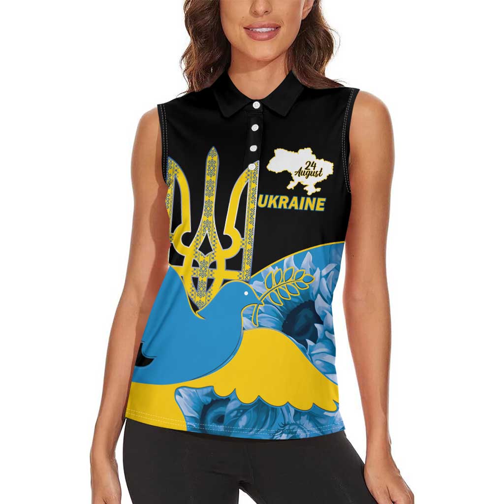 Ukraine Independence Day Women Sleeveless Polo Shirt Slava Ukraini Ukrainian Trident With Sunflowers - Wonder Print Shop