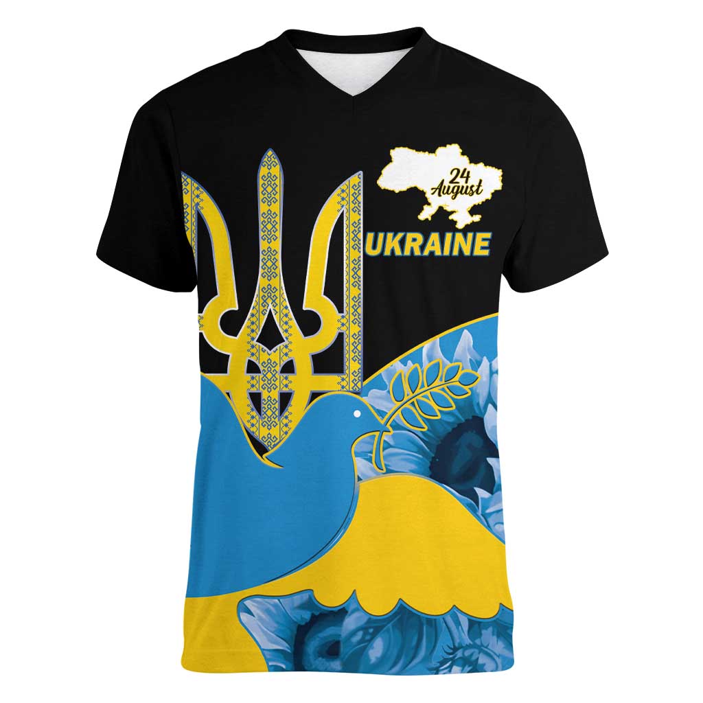 Ukraine Independence Day Women V-Neck T-Shirt Slava Ukraini Ukrainian Trident With Sunflowers - Wonder Print Shop