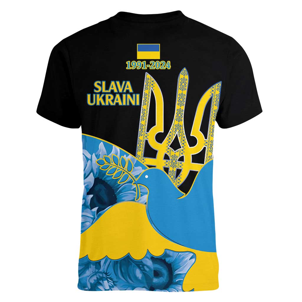 Ukraine Independence Day Women V-Neck T-Shirt Slava Ukraini Ukrainian Trident With Sunflowers - Wonder Print Shop