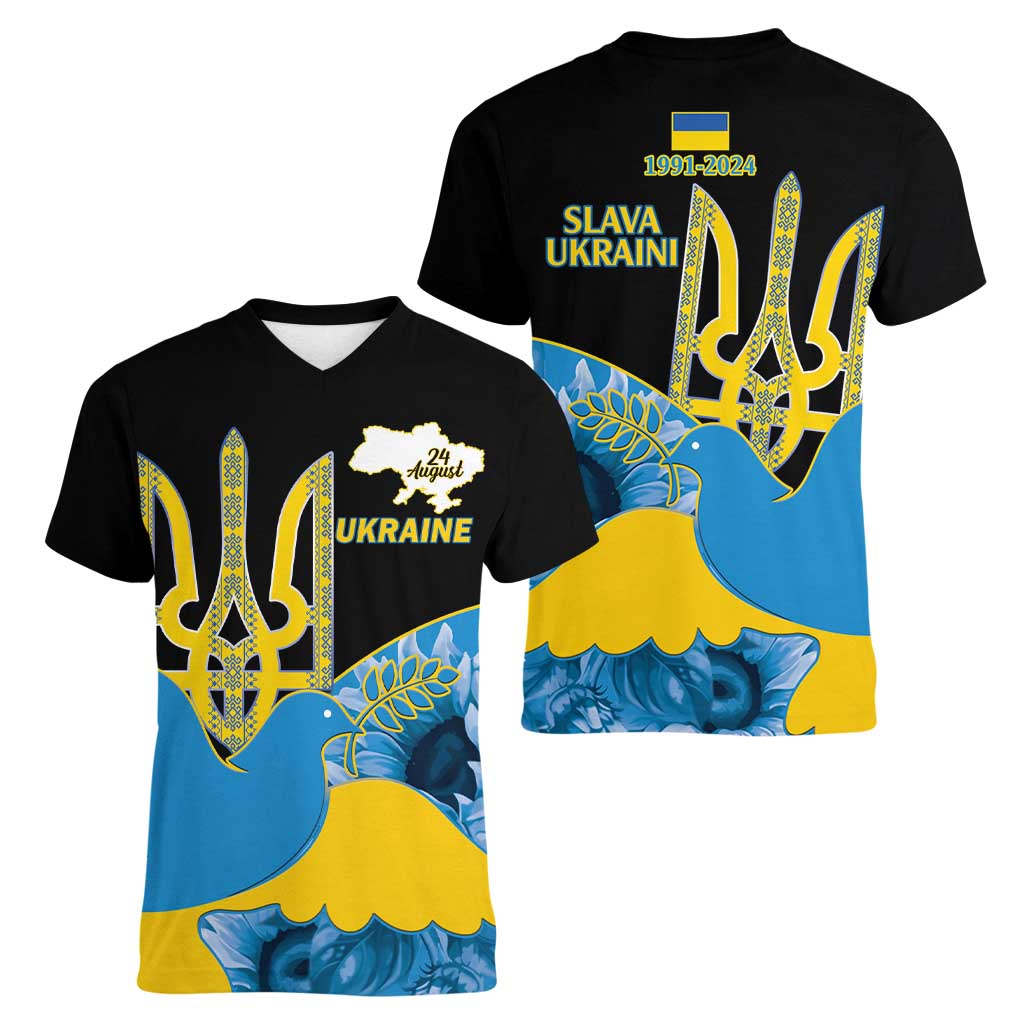 Ukraine Independence Day Women V-Neck T-Shirt Slava Ukraini Ukrainian Trident With Sunflowers - Wonder Print Shop