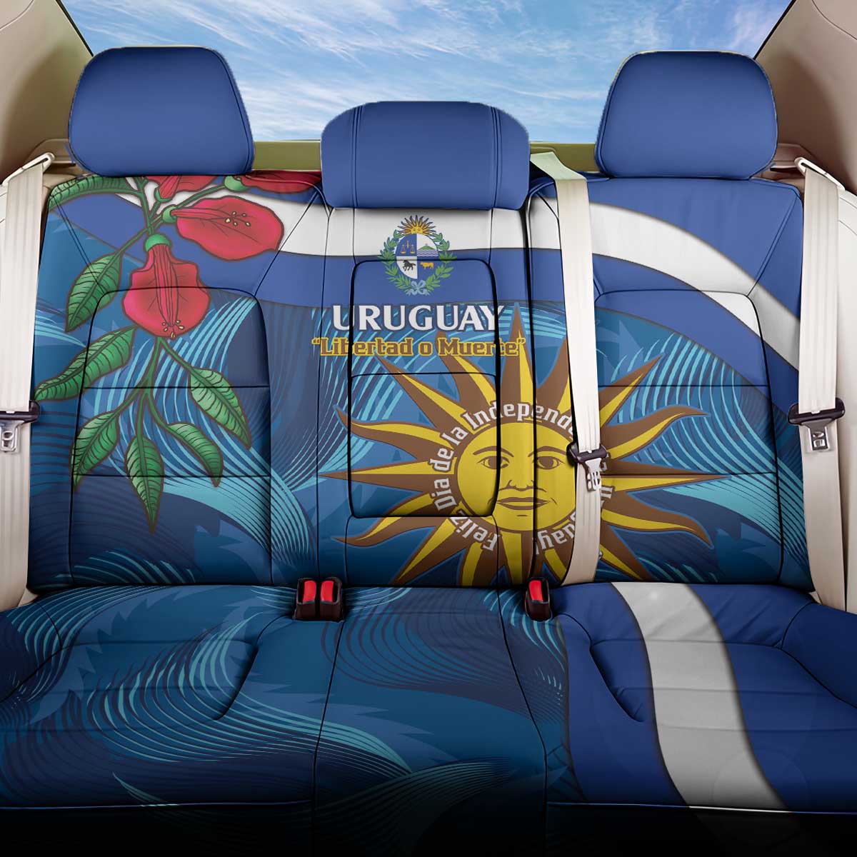 Uruguay Independence Day Back Car Seat Cover 25 De Agosto Coat Of Arms With Ceibo - Wonder Print Shop