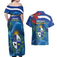 Uruguay Independence Day Couples Matching Off Shoulder Maxi Dress and Hawaiian Shirt 25 De Agosto Coat Of Arms With Ceibo - Wonder Print Shop
