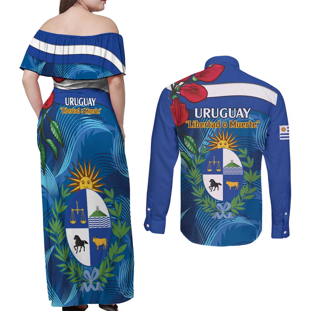 Uruguay Independence Day Couples Matching Off Shoulder Maxi Dress and Long Sleeve Button Shirt 25 De Agosto Coat Of Arms With Ceibo - Wonder Print Shop