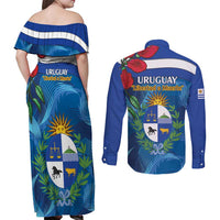 Uruguay Independence Day Couples Matching Off Shoulder Maxi Dress and Long Sleeve Button Shirt 25 De Agosto Coat Of Arms With Ceibo - Wonder Print Shop