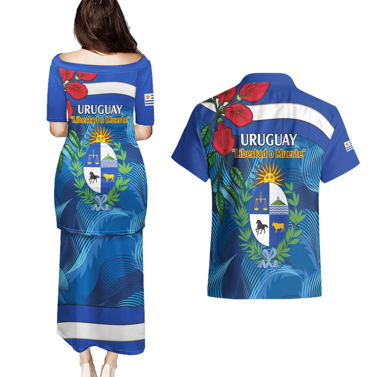 Uruguay Independence Day Couples Matching Puletasi and Hawaiian Shirt 25 De Agosto Coat Of Arms With Ceibo - Wonder Print Shop
