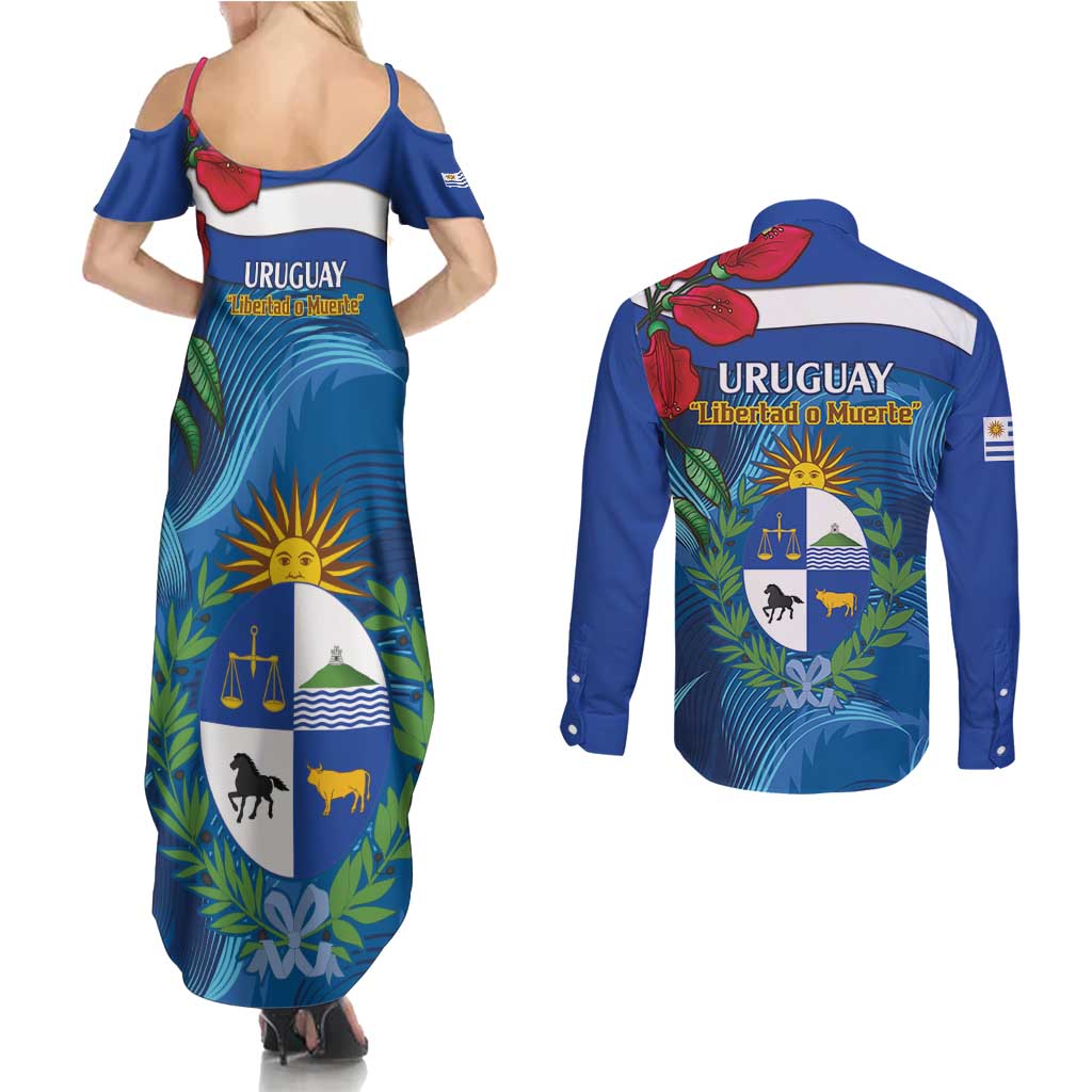 Uruguay Independence Day Couples Matching Summer Maxi Dress and Long Sleeve Button Shirt 25 De Agosto Coat Of Arms With Ceibo - Wonder Print Shop