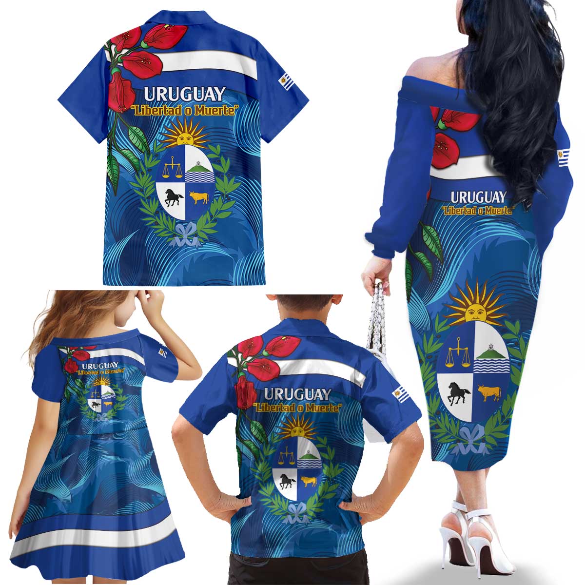 Uruguay Independence Day Family Matching Off The Shoulder Long Sleeve Dress and Hawaiian Shirt 25 De Agosto Coat Of Arms With Ceibo - Wonder Print Shop