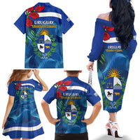 Uruguay Independence Day Family Matching Off The Shoulder Long Sleeve Dress and Hawaiian Shirt 25 De Agosto Coat Of Arms With Ceibo - Wonder Print Shop