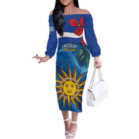 Uruguay Independence Day Family Matching Off The Shoulder Long Sleeve Dress and Hawaiian Shirt 25 De Agosto Coat Of Arms With Ceibo - Wonder Print Shop