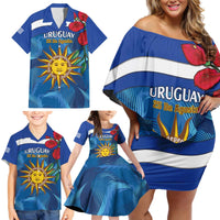 Uruguay Independence Day Family Matching Off Shoulder Short Dress and Hawaiian Shirt 25 De Agosto Coat Of Arms With Ceibo - Wonder Print Shop