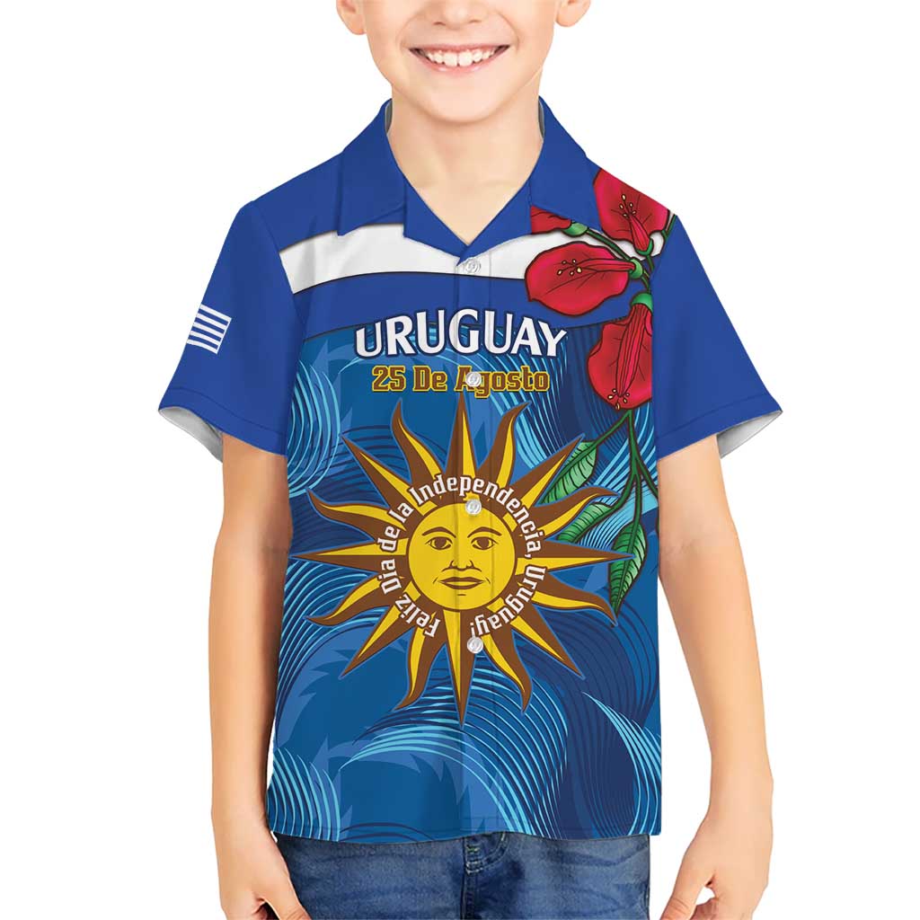 Uruguay Independence Day Kid Hawaiian Shirt 25 De Agosto Coat Of Arms With Ceibo - Wonder Print Shop