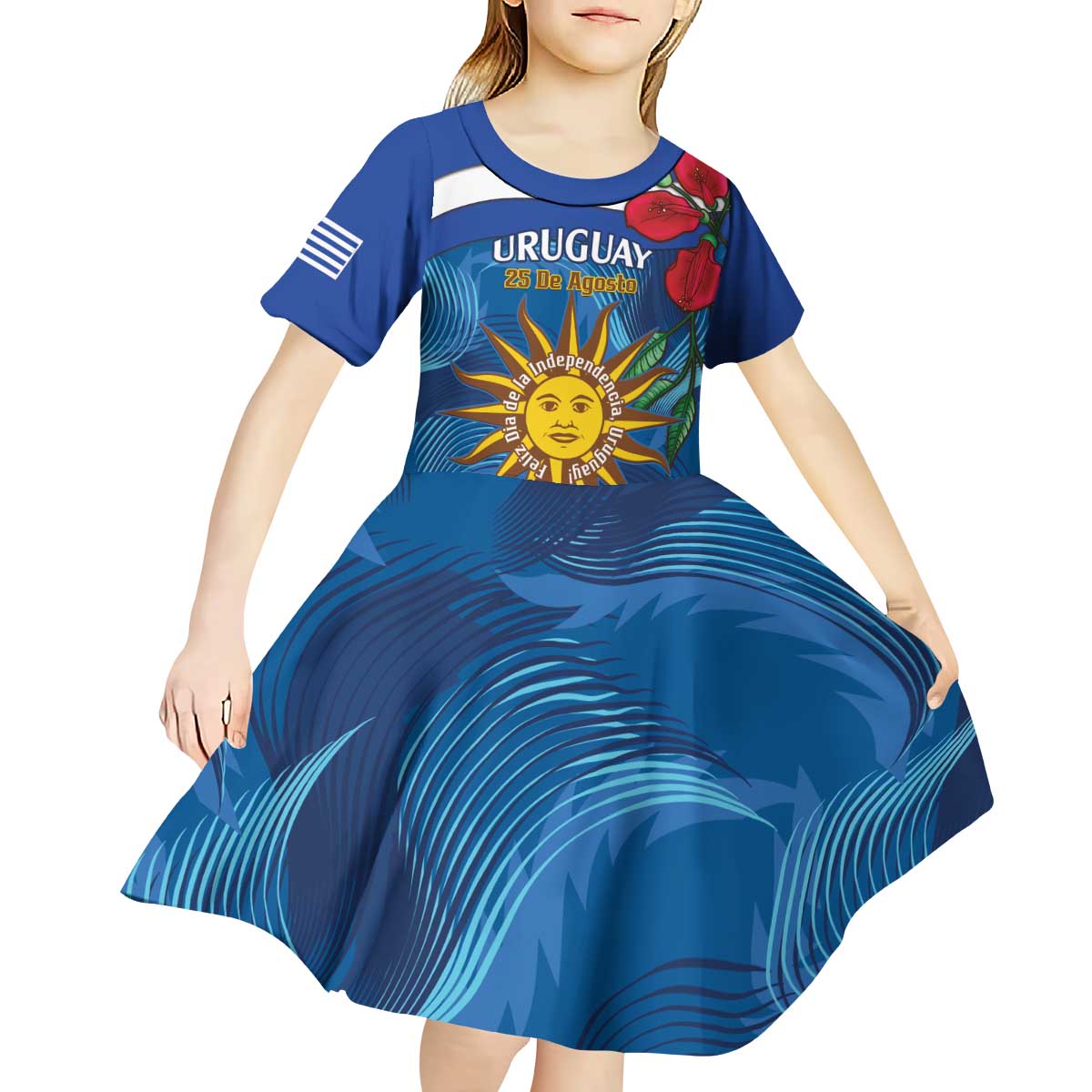 Uruguay Independence Day Kid Short Sleeve Dress 25 De Agosto Coat Of Arms With Ceibo - Wonder Print Shop