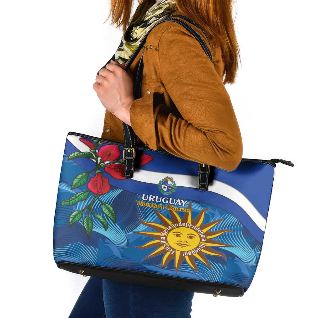 Uruguay Independence Day Leather Tote Bag 25 De Agosto Coat Of Arms With Ceibo - Wonder Print Shop