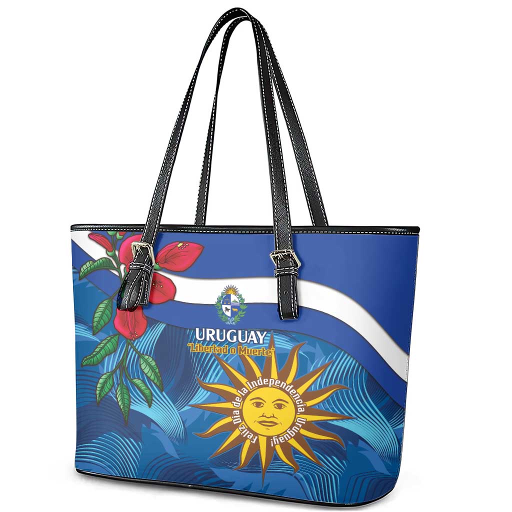 Uruguay Independence Day Leather Tote Bag 25 De Agosto Coat Of Arms With Ceibo - Wonder Print Shop