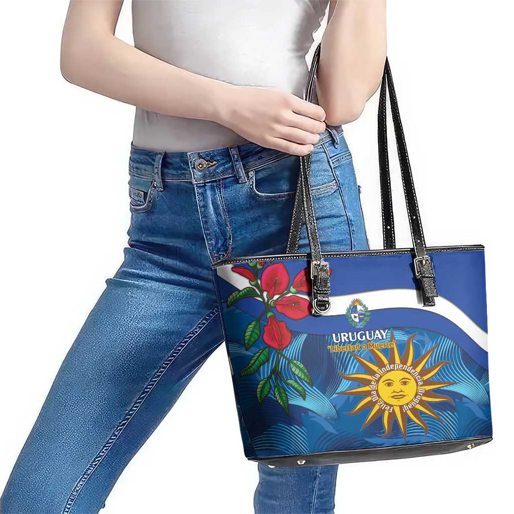 Uruguay Independence Day Leather Tote Bag 25 De Agosto Coat Of Arms With Ceibo - Wonder Print Shop