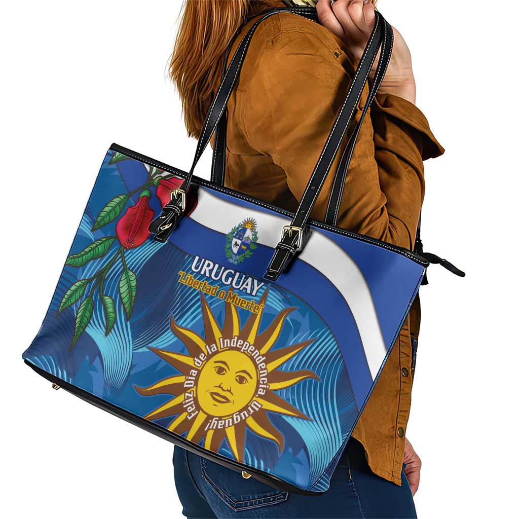 Uruguay Independence Day Leather Tote Bag 25 De Agosto Coat Of Arms With Ceibo - Wonder Print Shop