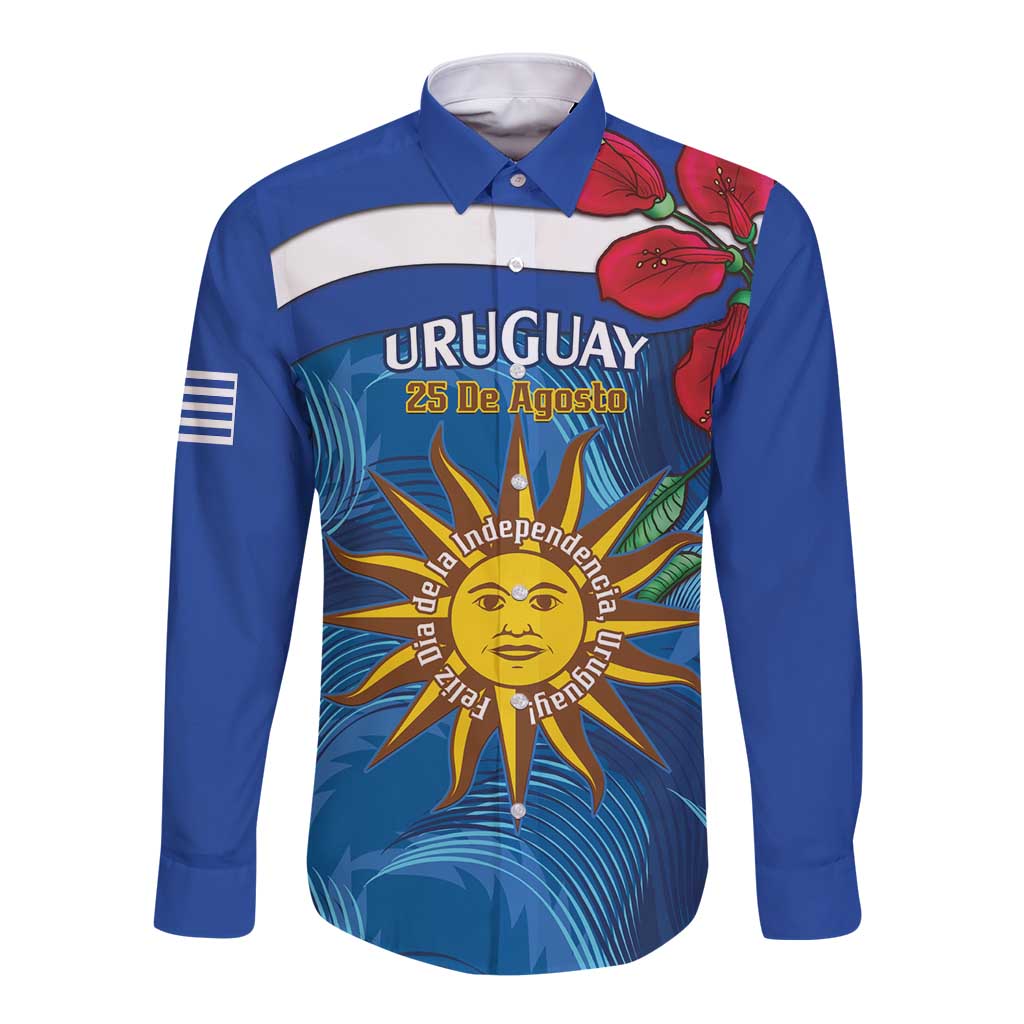 Uruguay Independence Day Long Sleeve Button Shirt 25 De Agosto Coat Of Arms With Ceibo - Wonder Print Shop