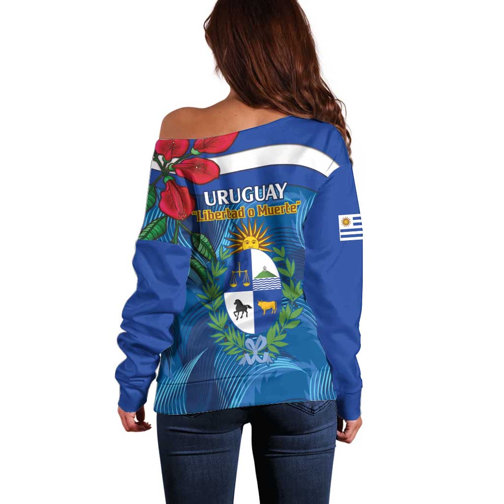 Uruguay Independence Day Off Shoulder Sweater 25 De Agosto Coat Of Arms With Ceibo - Wonder Print Shop