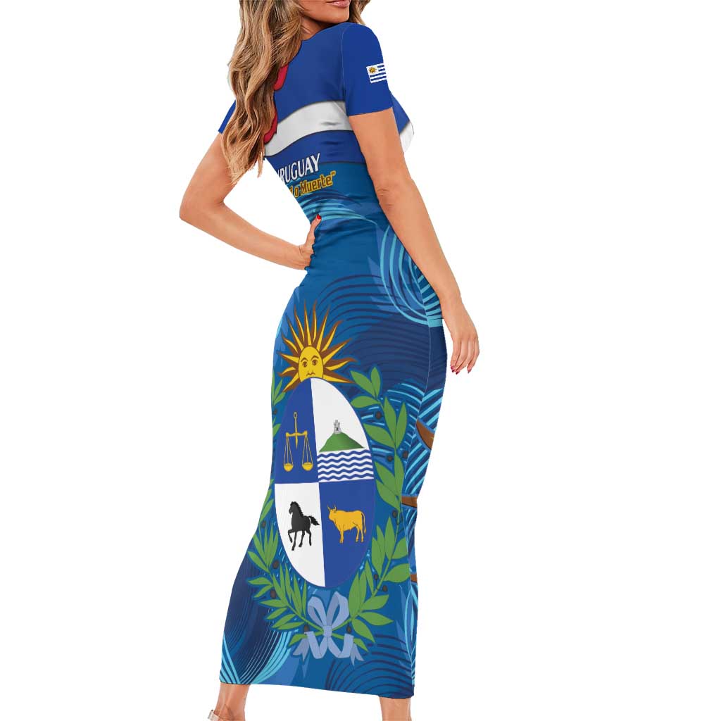 Uruguay Independence Day Short Sleeve Bodycon Dress 25 De Agosto Coat Of Arms With Ceibo - Wonder Print Shop