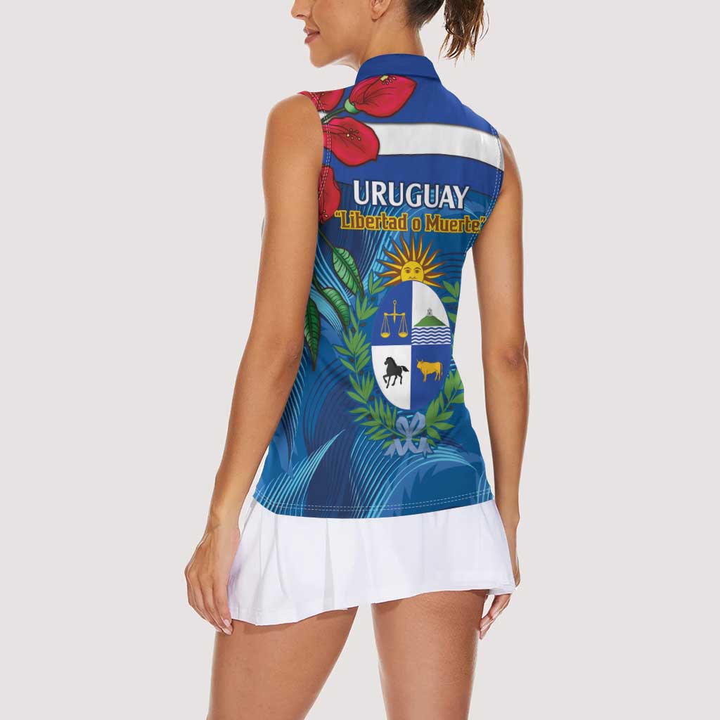 Uruguay Independence Day Women Sleeveless Polo Shirt 25 De Agosto Coat Of Arms With Ceibo - Wonder Print Shop