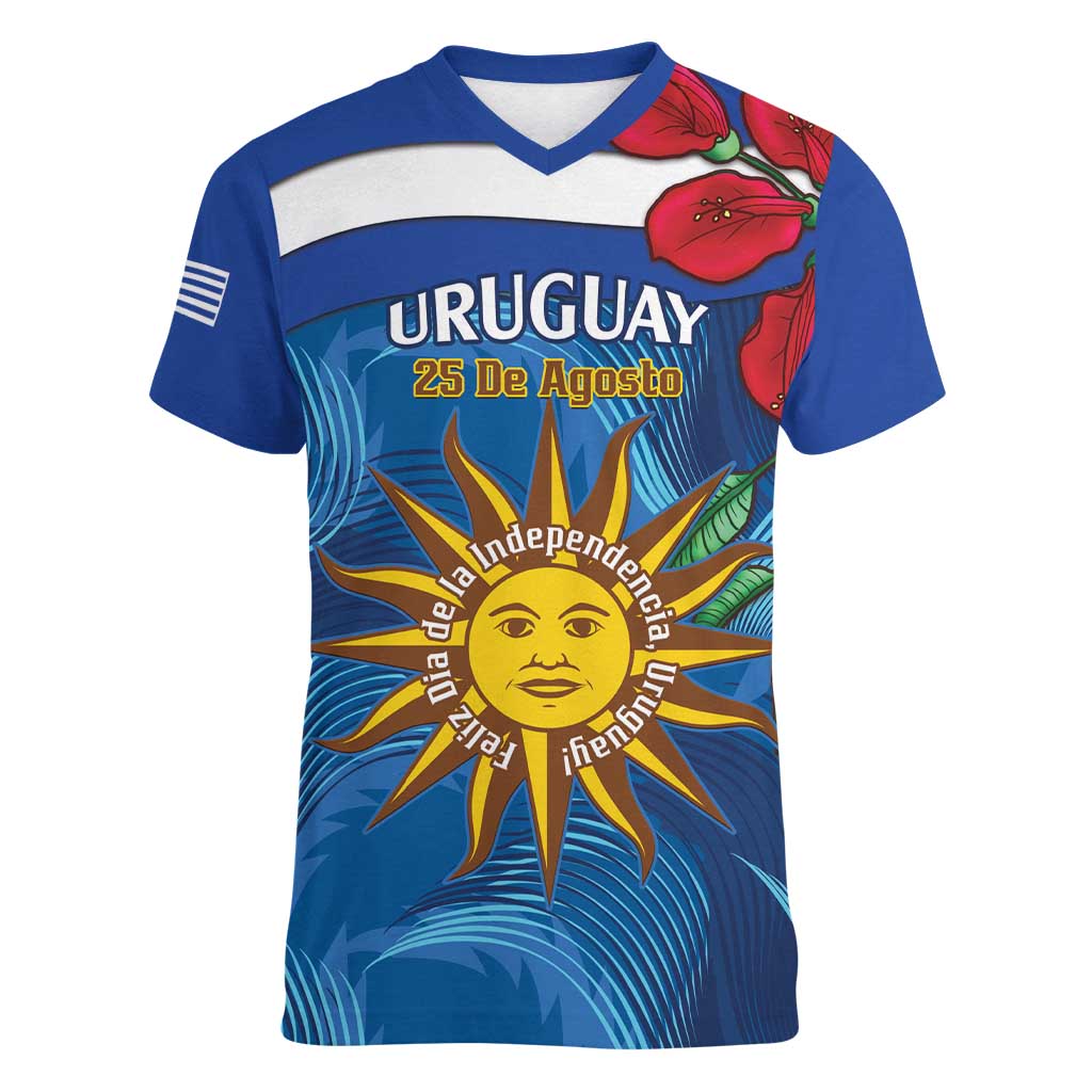 Uruguay Independence Day Women V-Neck T-Shirt 25 De Agosto Coat Of Arms With Ceibo - Wonder Print Shop