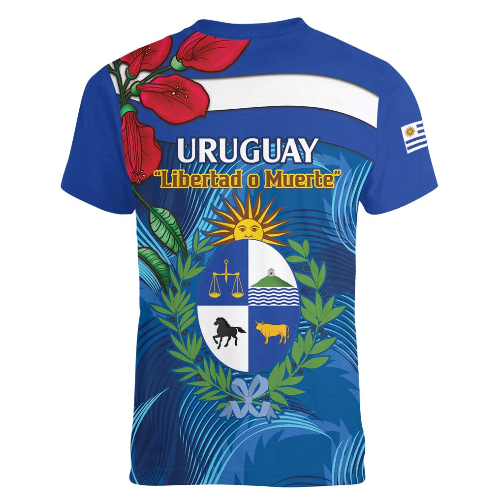 Uruguay Independence Day Women V-Neck T-Shirt 25 De Agosto Coat Of Arms With Ceibo - Wonder Print Shop