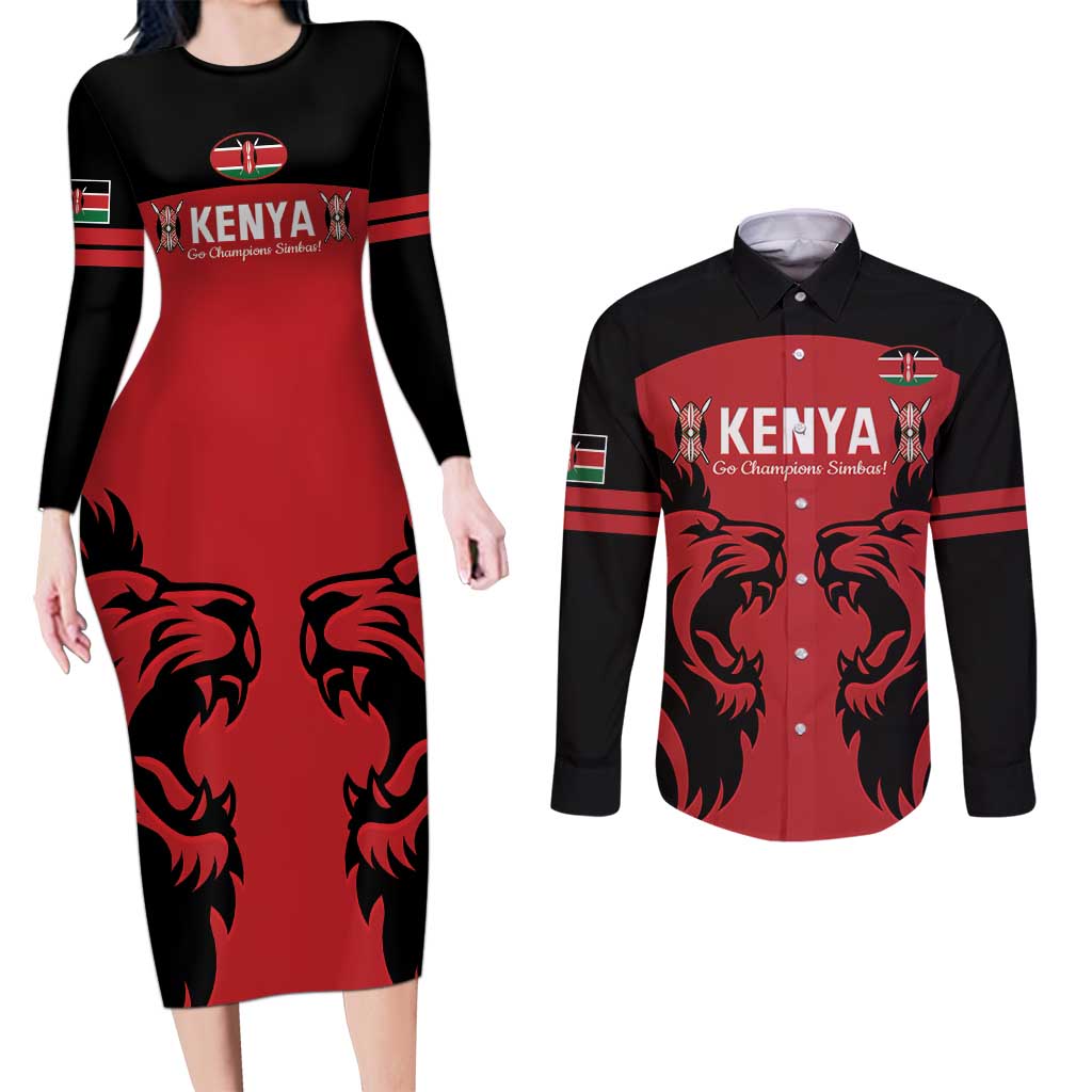 Custom Kenya Rugby Couples Matching Long Sleeve Bodycon Dress and Long Sleeve Button Shirt 2024 Go Champions Simbas - Red - Wonder Print Shop