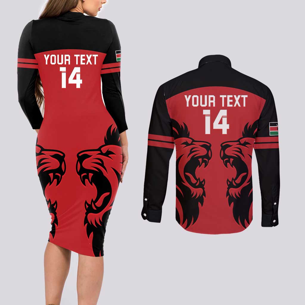 Custom Kenya Rugby Couples Matching Long Sleeve Bodycon Dress and Long Sleeve Button Shirt 2024 Go Champions Simbas - Red - Wonder Print Shop