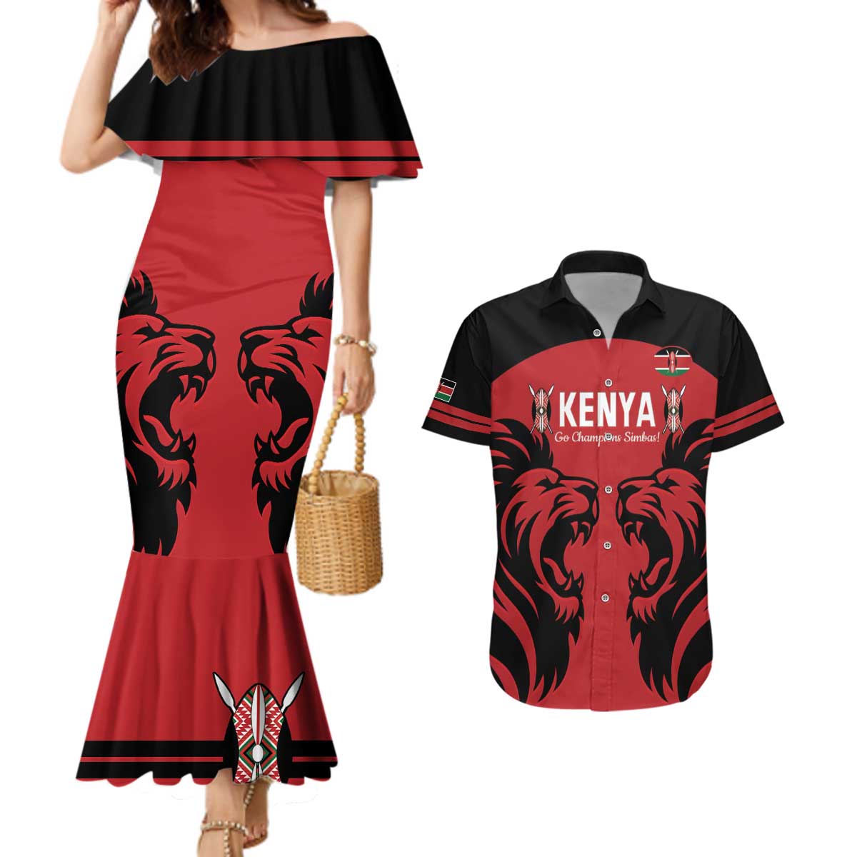 Custom Kenya Rugby Couples Matching Mermaid Dress and Hawaiian Shirt 2024 Go Champions Simbas - Red - Wonder Print Shop