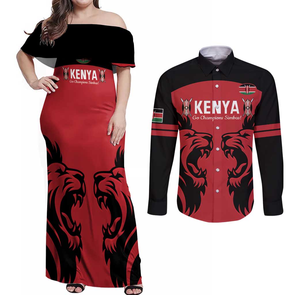 Custom Kenya Rugby Couples Matching Off Shoulder Maxi Dress and Long Sleeve Button Shirt 2024 Go Champions Simbas - Red - Wonder Print Shop