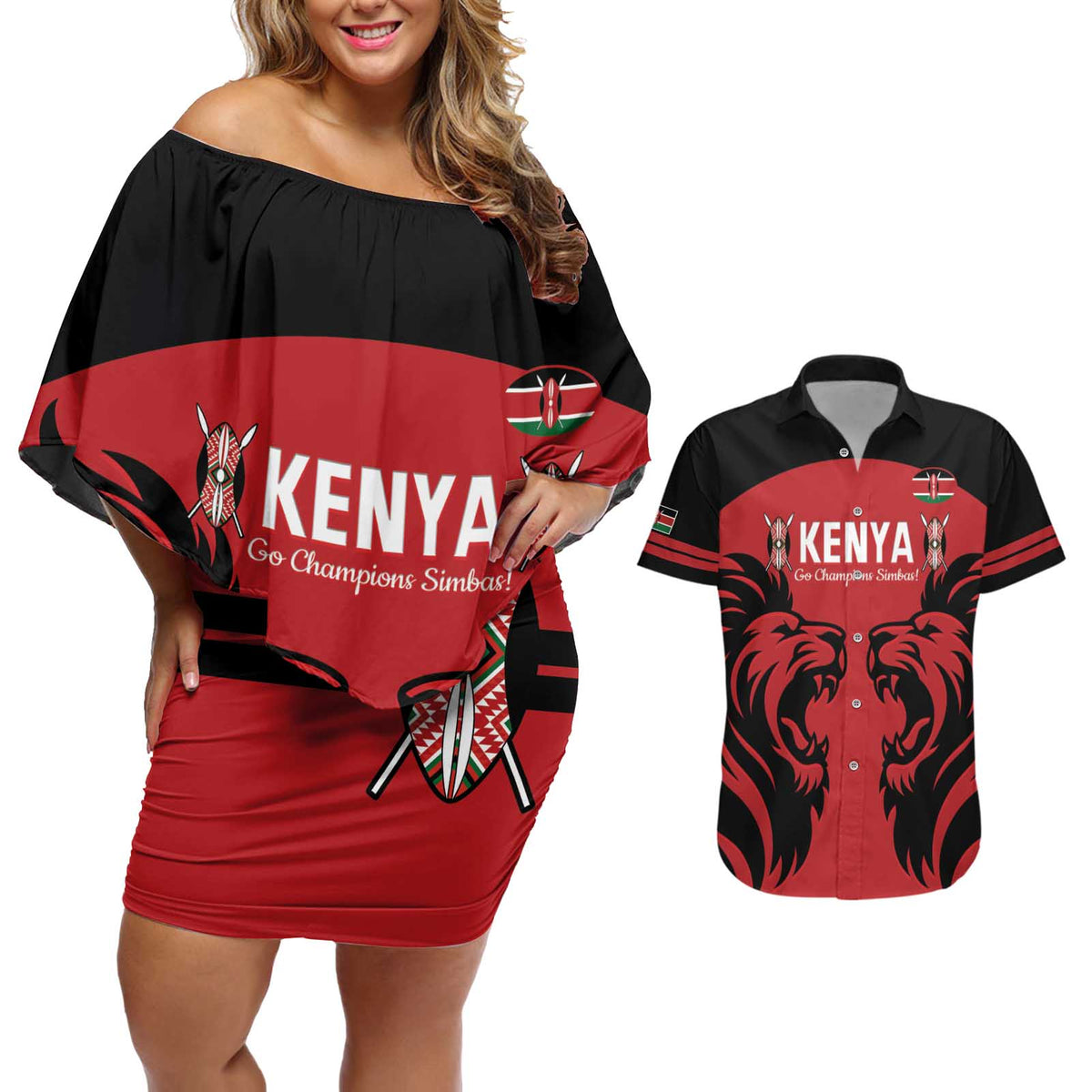 Custom Kenya Rugby Couples Matching Off Shoulder Short Dress and Hawaiian Shirt 2024 Go Champions Simbas - Red - Wonder Print Shop