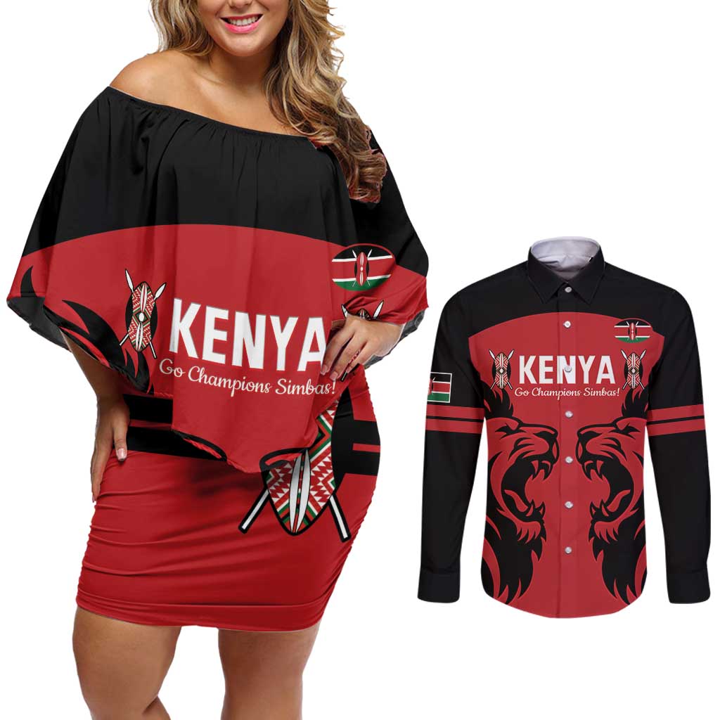 Custom Kenya Rugby Couples Matching Off Shoulder Short Dress and Long Sleeve Button Shirt 2024 Go Champions Simbas - Red - Wonder Print Shop