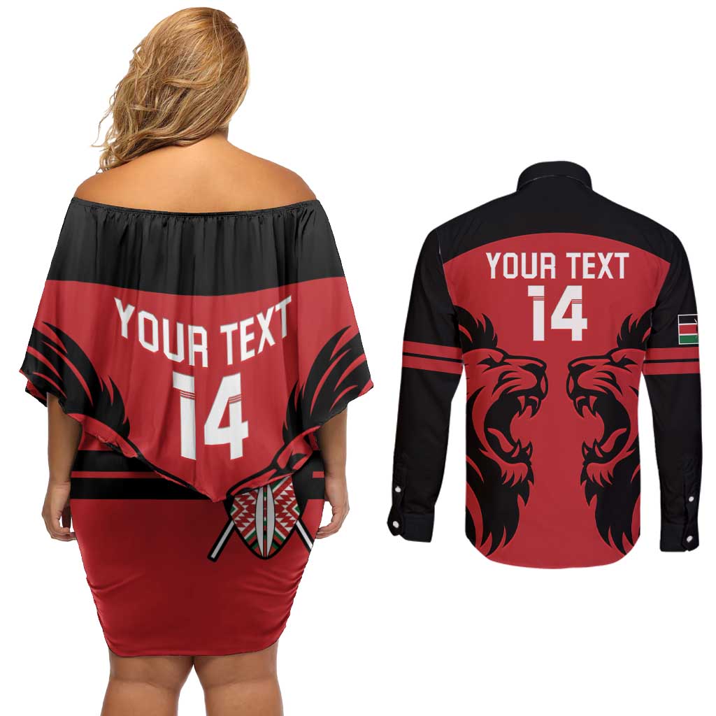 Custom Kenya Rugby Couples Matching Off Shoulder Short Dress and Long Sleeve Button Shirt 2024 Go Champions Simbas - Red - Wonder Print Shop