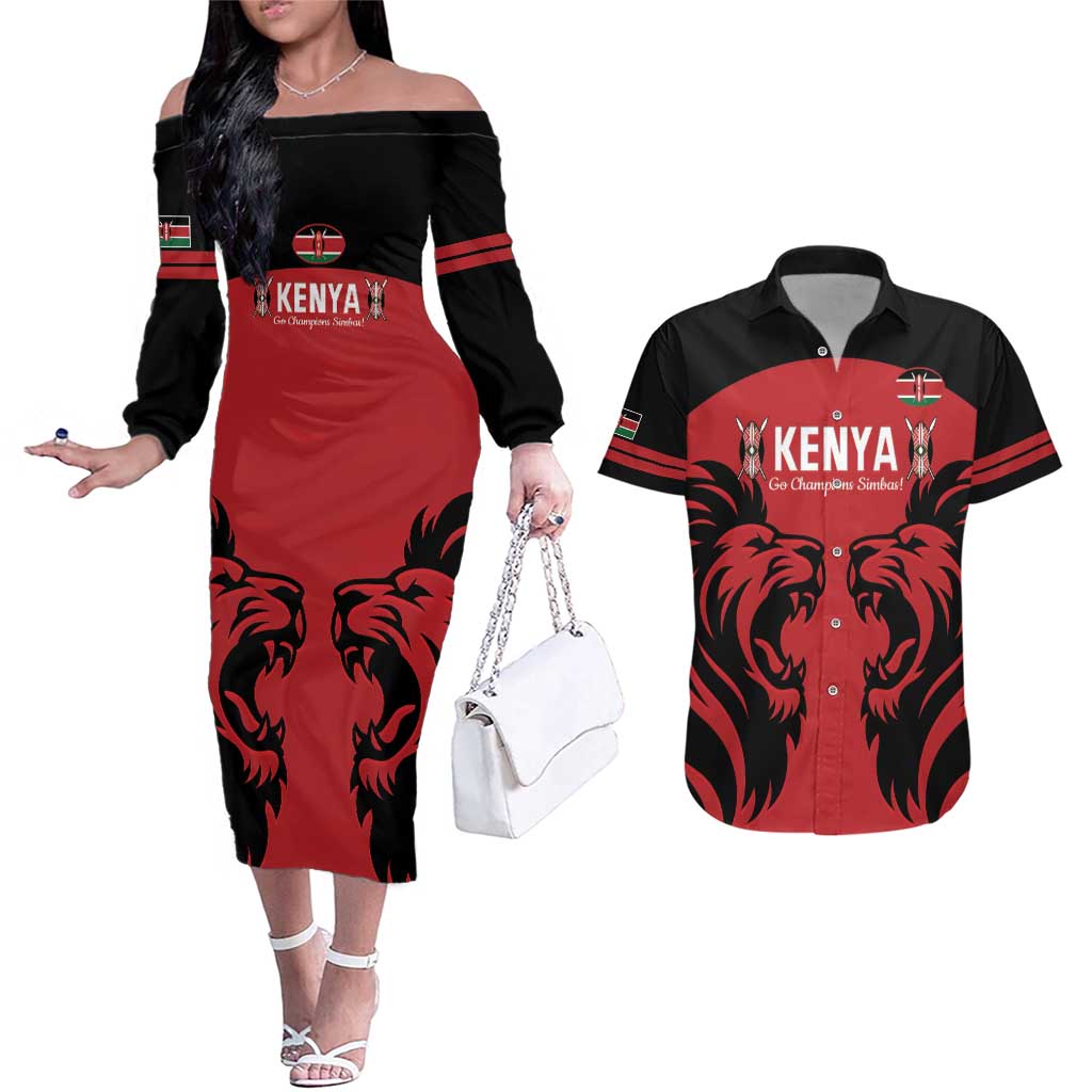 Custom Kenya Rugby Couples Matching Off The Shoulder Long Sleeve Dress and Hawaiian Shirt 2024 Go Champions Simbas - Red - Wonder Print Shop