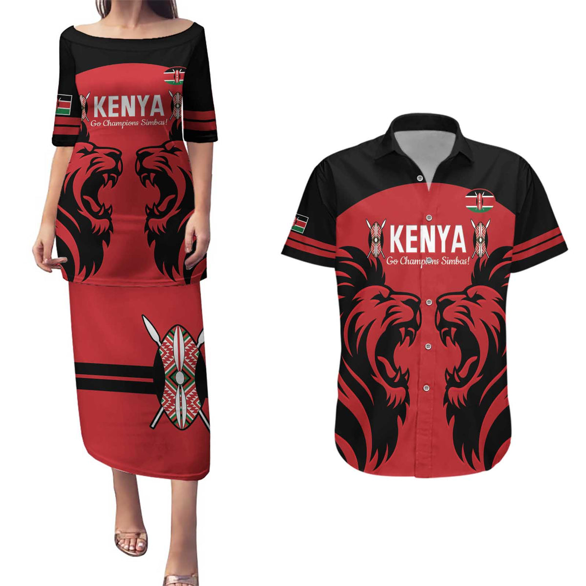 Custom Kenya Rugby Couples Matching Puletasi and Hawaiian Shirt 2024 Go Champions Simbas - Red - Wonder Print Shop